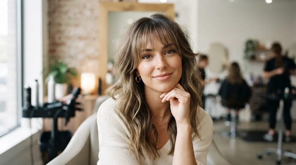 Woman with light wispy see-through bangs framing her face in a soft modern haircut