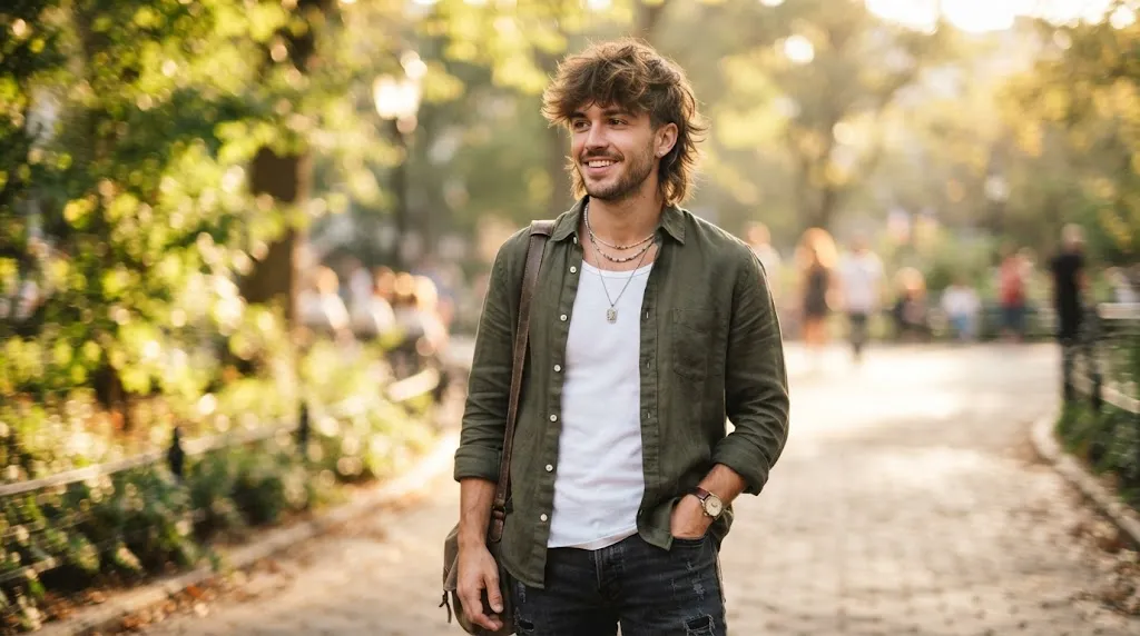 A stylish man showcasing a textured wolf cut flow hairstyle with natural movement and layered volume