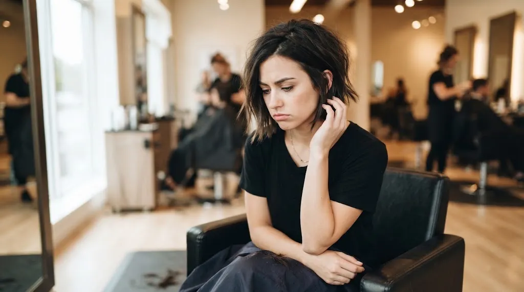 A contemplative woman touching her short, newly cut hair with a look of regret while sitting in a modern salon chair.