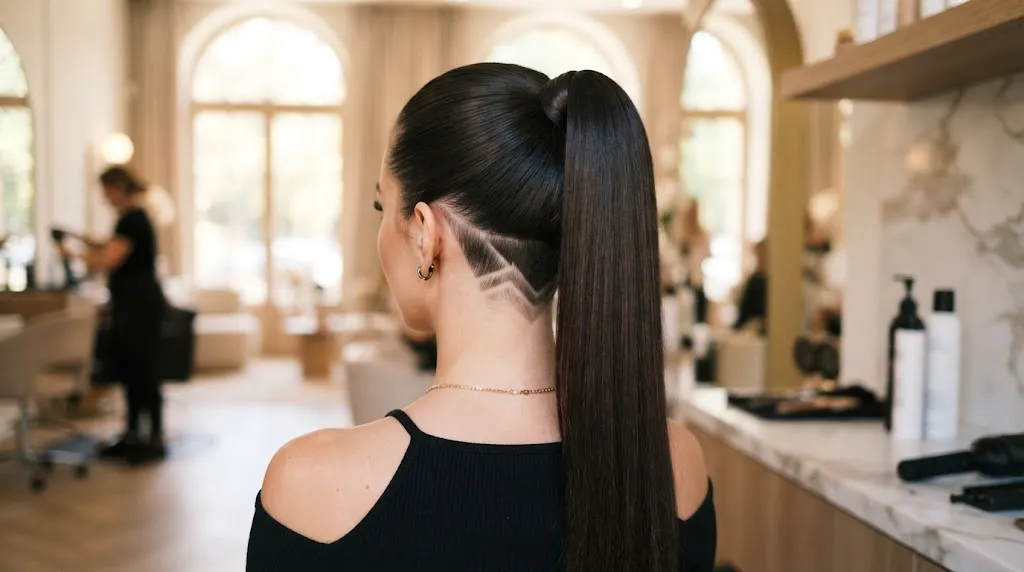 A close-up view of a woman with long glossy hair tied up in a high ponytail to reveal a stylish, clean nape undercut.