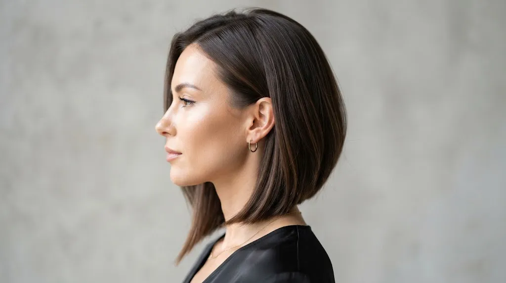 Woman with a sleek angled long bob haircut showing shorter back and longer collarbone front layers