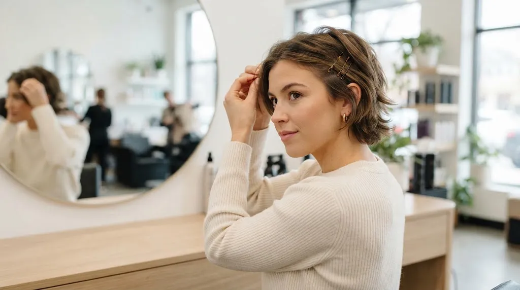 Woman using small clips to style and manage her hair during the awkward grow-out phase in front of a mirror
