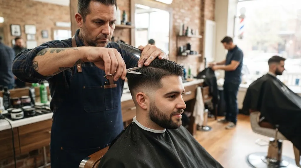 Professional barber trimming the sides of a man's short haircut with scissors to remove bulk and prevent puffiness