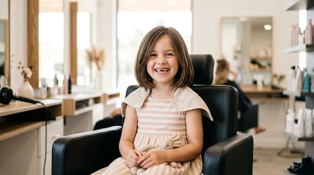 Smiling 7-year-old girl with a low-maintenance shoulder-length bob haircut sitting in a salon