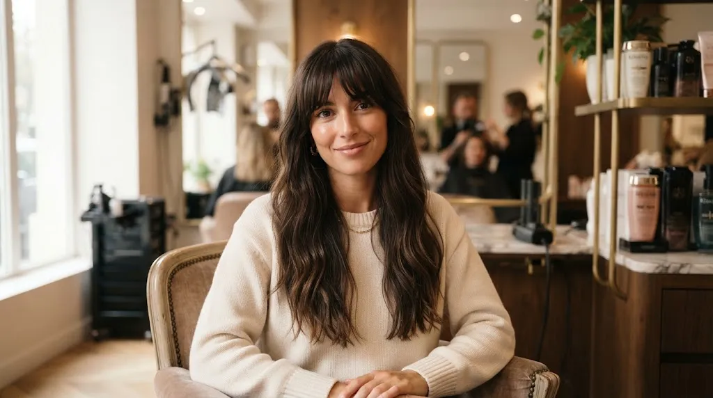 Woman with long hair showcasing Birkin bangs with soft frayed ends and a natural center split