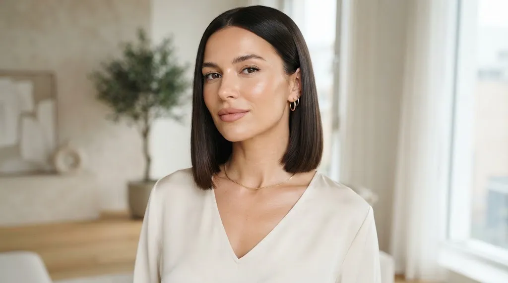Woman with a crisp blunt collarbone cut showing straight ends resting evenly along the collarbone