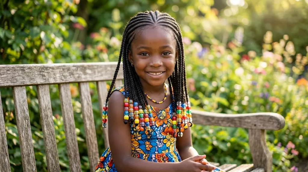 Young girl with neat protective braids and colorful beads hairstyle for children