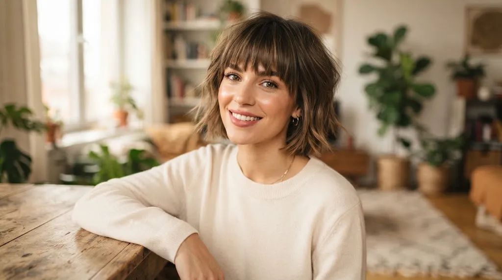 Woman with a chin-length short shag haircut featuring choppy layers and soft full bangs