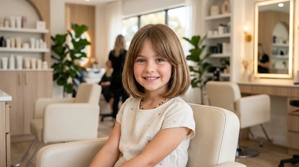 Cute young girl with a neat shoulder-length classic bob cut hairstyle and soft face-framing layers