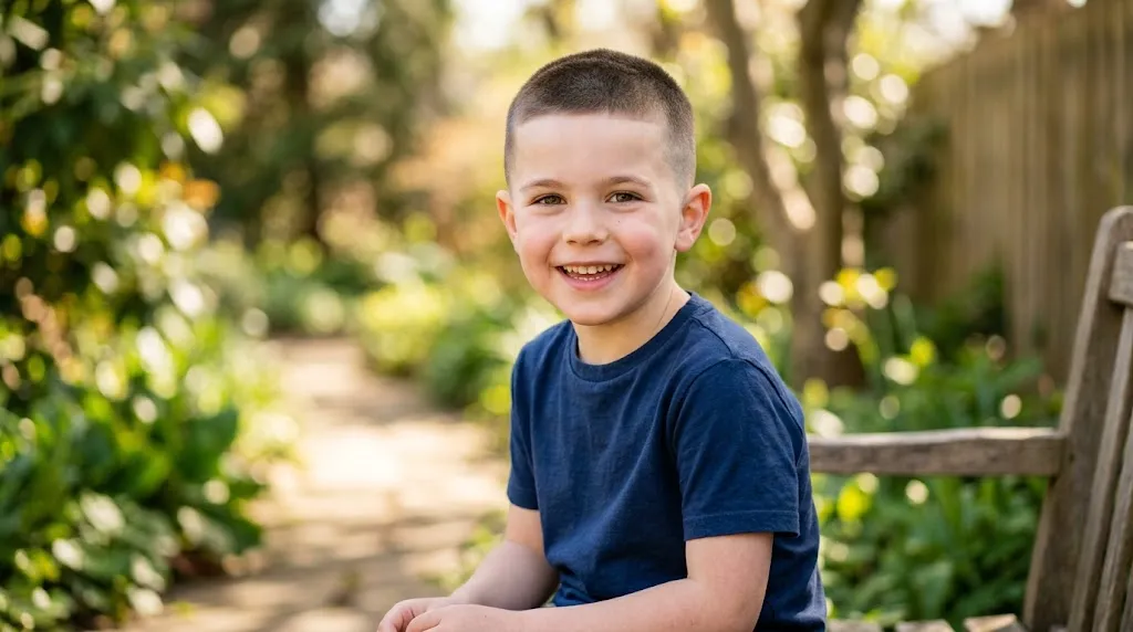 Young boy with a clean and classic buzz cut hairstyle for kids