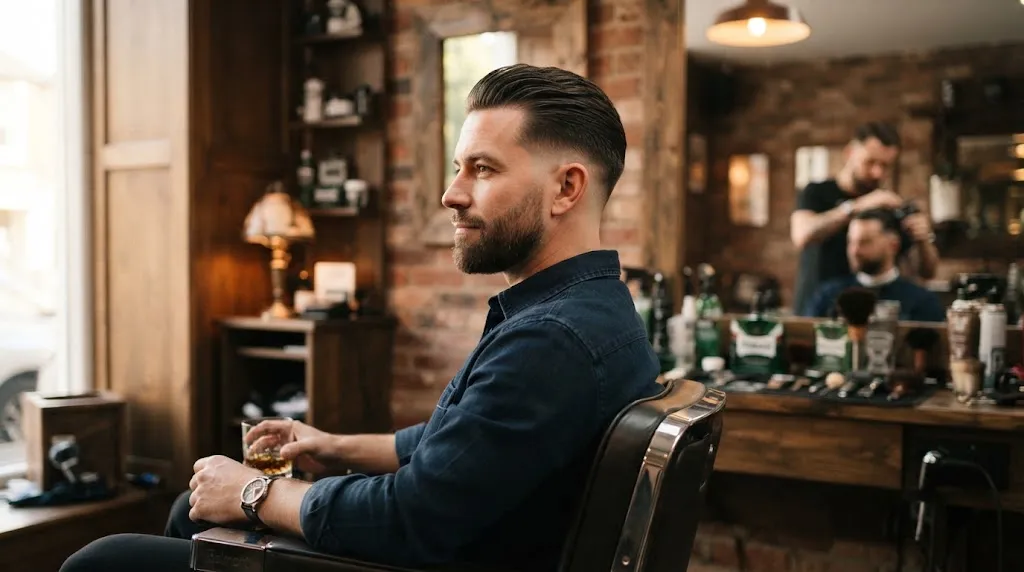 A man with a clean and professional classic taper regular haircut sitting in a barber shop chair showcasing tapered sides and a neat top.