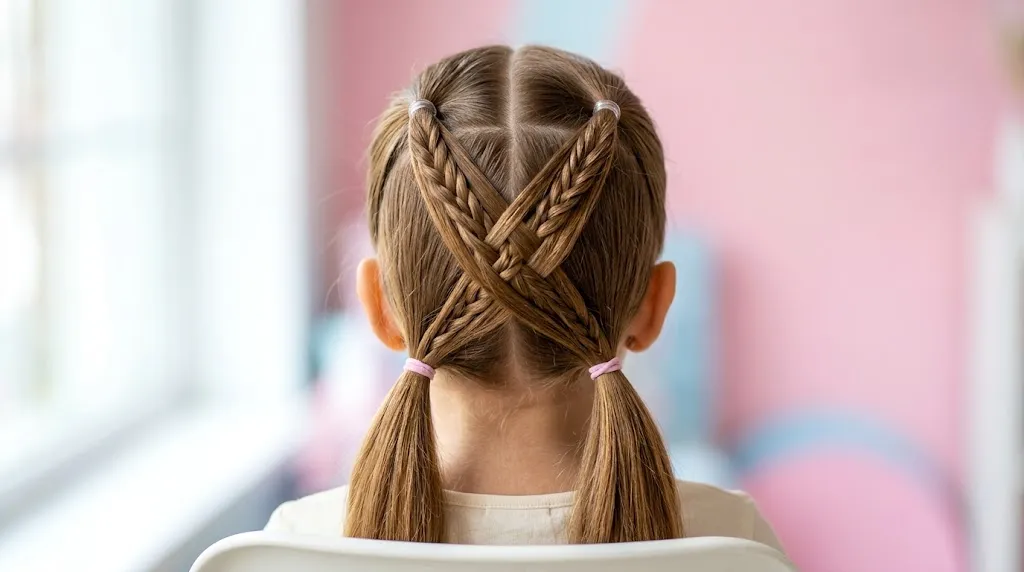 Back view of a young girl with a neat criss-cross ponytail hairstyle featuring intersecting crown strands and elastics.