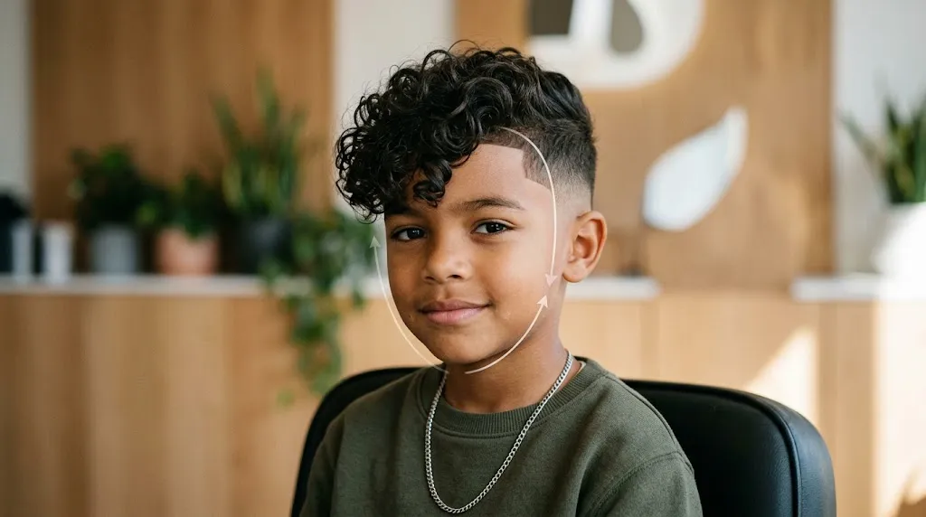 Young boy showcasing a curly fringe hairstyle with a clean low-taper fade and face shape indicator.