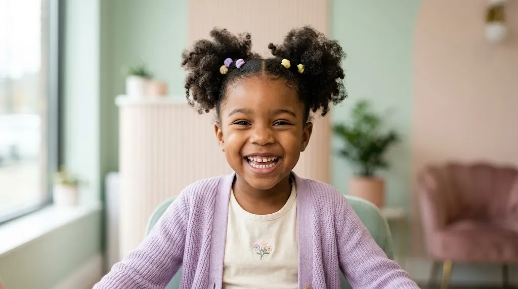 Young child with cute high double puffs hairstyle on natural coily hair
