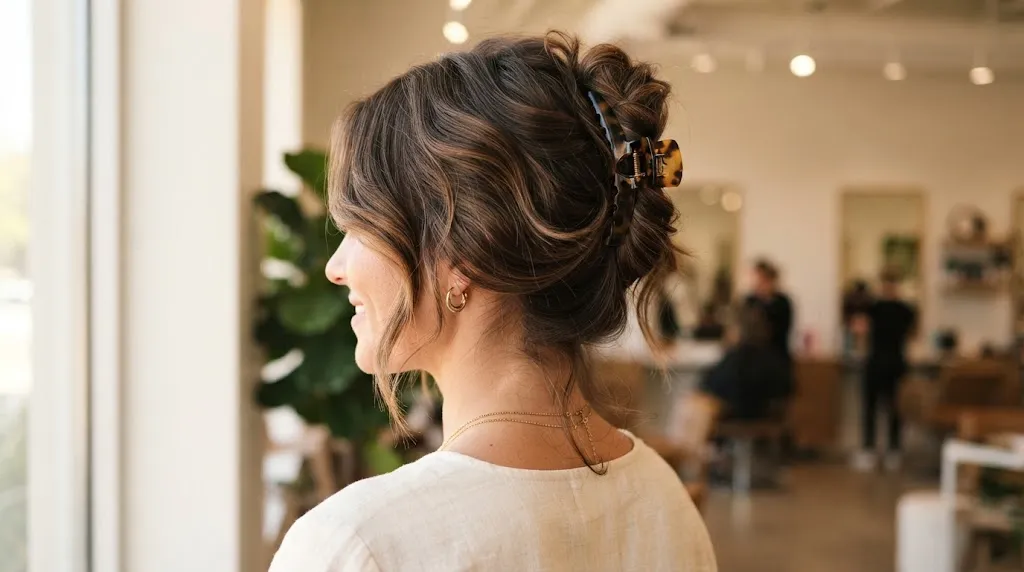 Woman with a soft, elegant claw clip updo featuring effortless volume and face-framing layers from a side-profile view