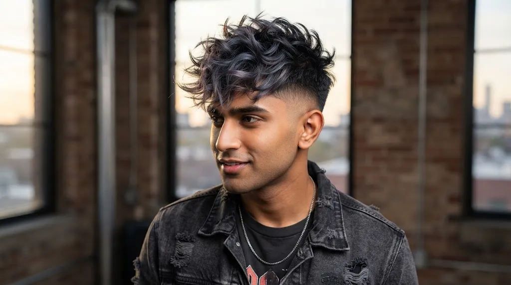 A stylish young man with a bold, textured crop cut and subtle ash-blue highlights on thick, dark hair, posing in an urban loft.