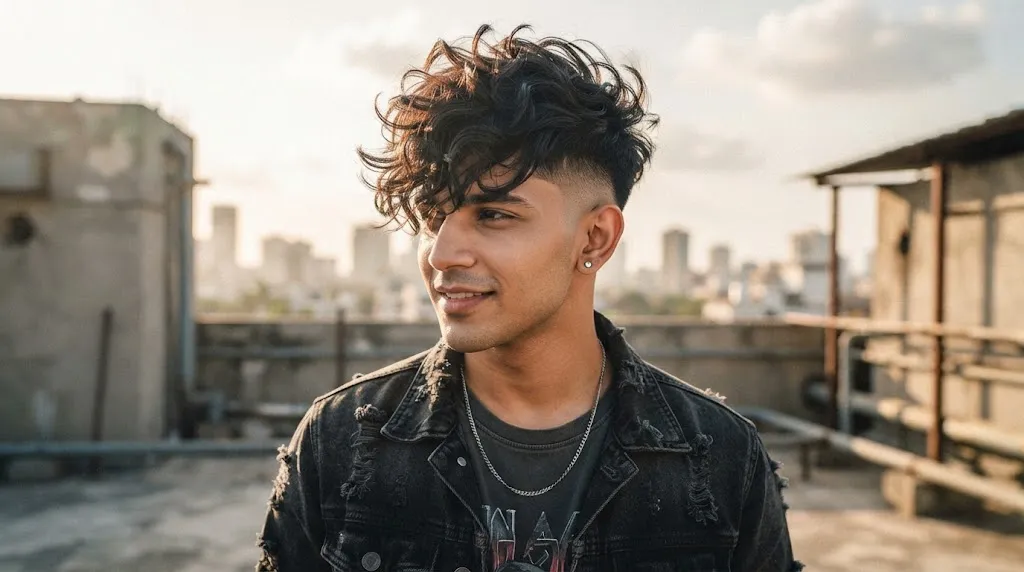 A stylish young Indian man with a bold, curly textured top and a clean fade haircut on an urban rooftop at sunset.