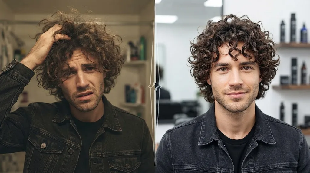 A split-screen photo comparing a man with a frizzy, undefined modern shag (left) to the same man with a polished, revitalized curly modern shag (right).