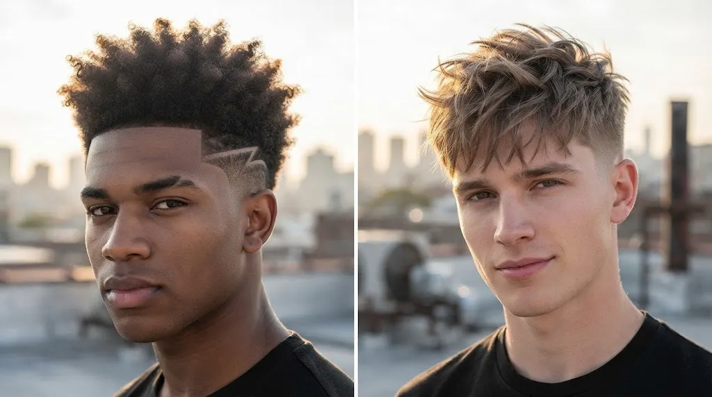A side-by-side comparison of two men's funky hairstyles; a Black man with a geometric high-top fade on the left, and a Caucasian man with a messy textured crop on the right.