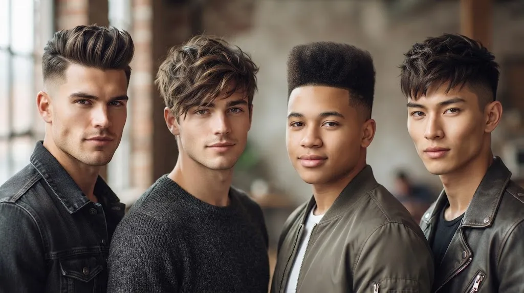 Four distinct young men with modern, funky haircuts tailored to complement their square, oval, round, and diamond face shapes, standing together in a studio.