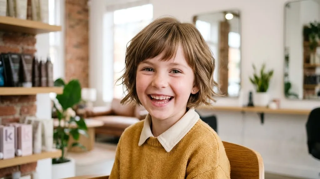 A happy 7-year-old child showcasing a neat and modern low-maintenance hairstyle for kids.