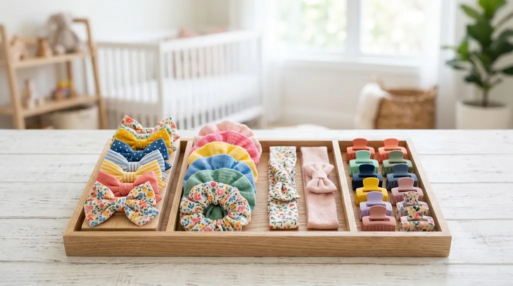Safe and colorful kids hair accessories including soft fabric bows, headband, scrunchies, and mini claw clips neatly displayed