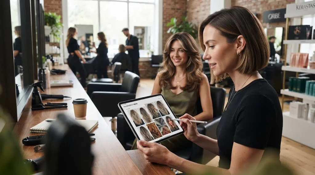 Professional hair stylist and editorial expert reviewing hair trend moodboards in a modern salon studio