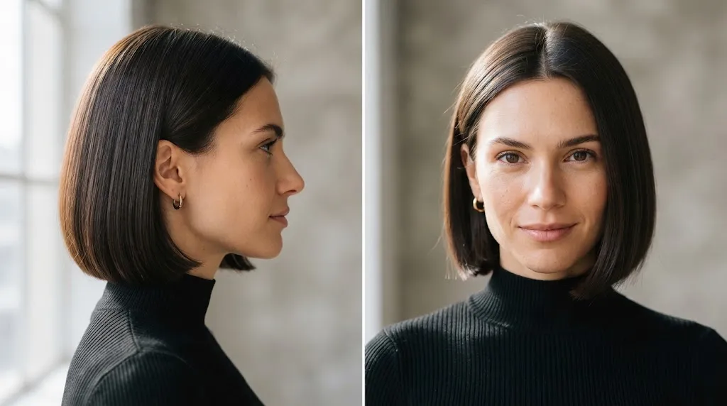 Woman with a modern chin-length Italian bob haircut featuring blunt edges and minimal layers