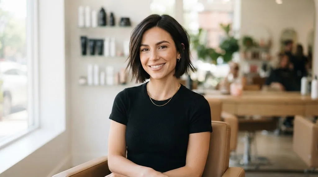 Woman showcasing an Itty-Bitty Bob jaw-length micro bob haircut in a modern salon setting