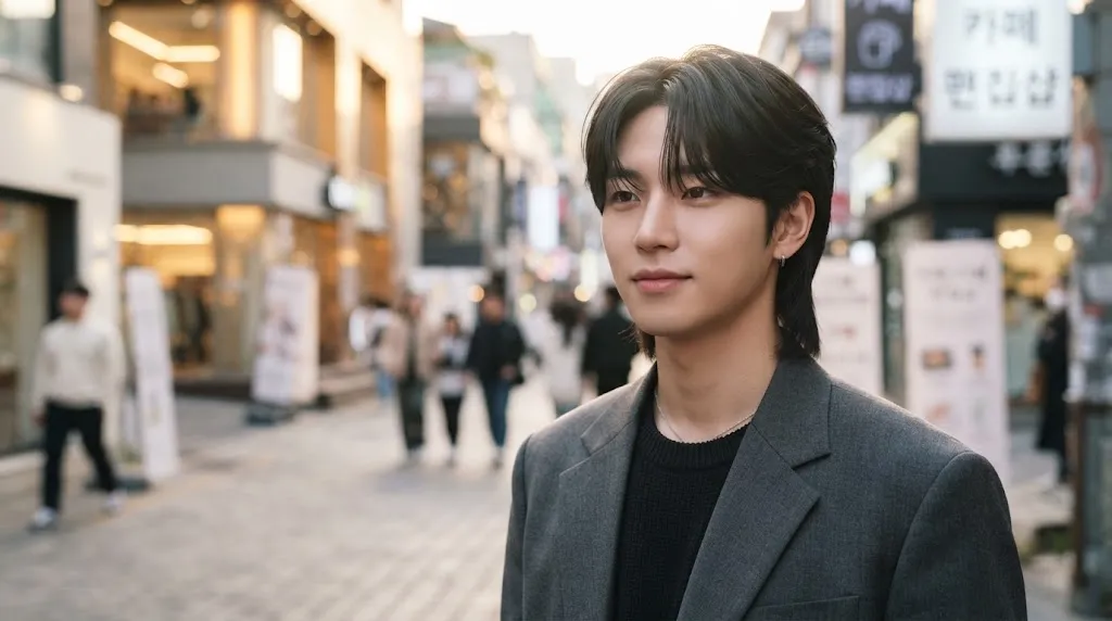 Young Asian man walking on a city street showcasing a trendy Korean mullet haircut with soft center-parted curtain bangs and layered flow.
