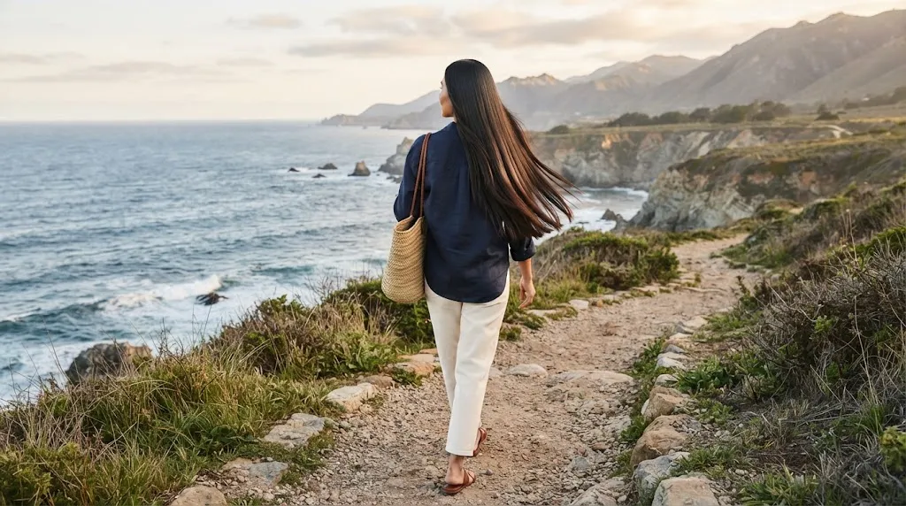 Woman with long glossy straight hair demonstrating the modern sleek haircut trend