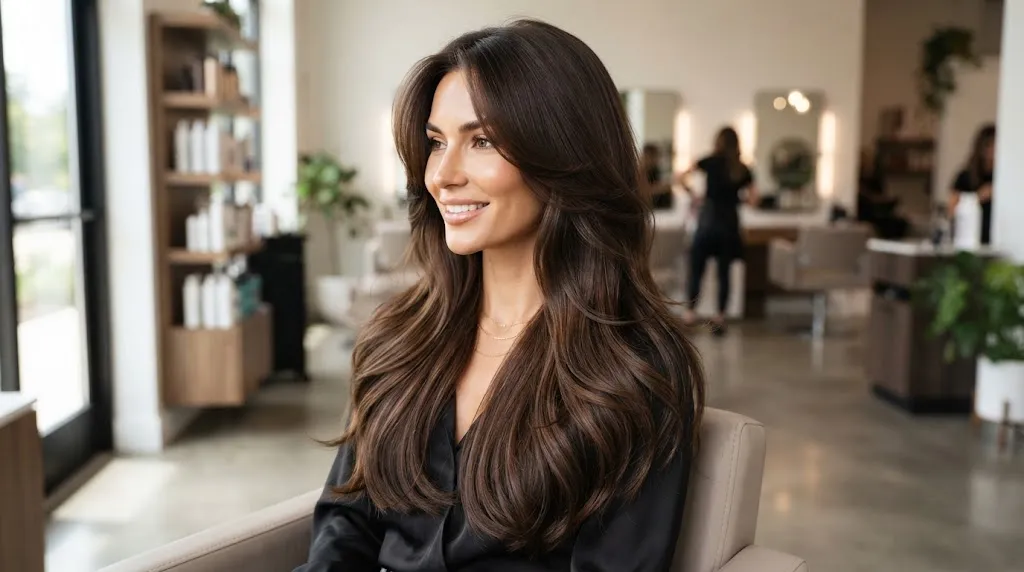 Woman with long cascading hair showing seamless long layers and soft face-framing pieces for 2026 haircut trends