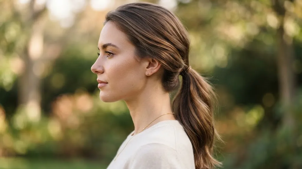 Woman showing an elegant low ponytail hairstyle resting at the nape of the neck with soft natural hair texture