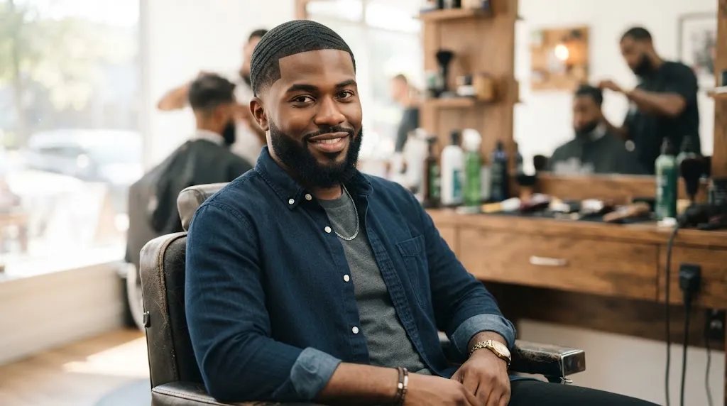 A stylish man showcasing a clean low taper fade haircut paired with defined 360 waves.
