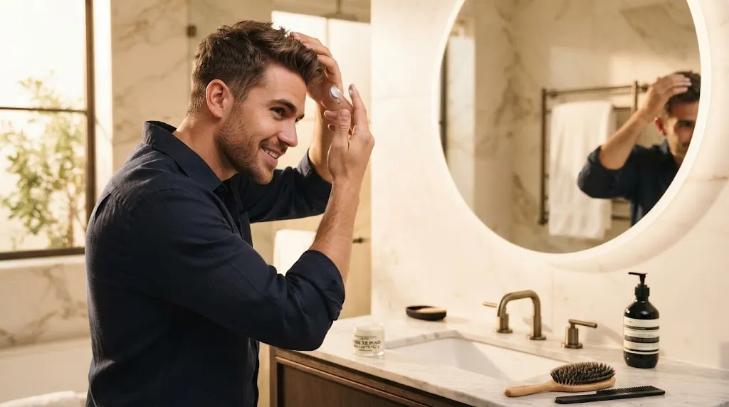 A young man doing a quick 3-minute morning hair styling routine in a modern bathroom using matte paste.