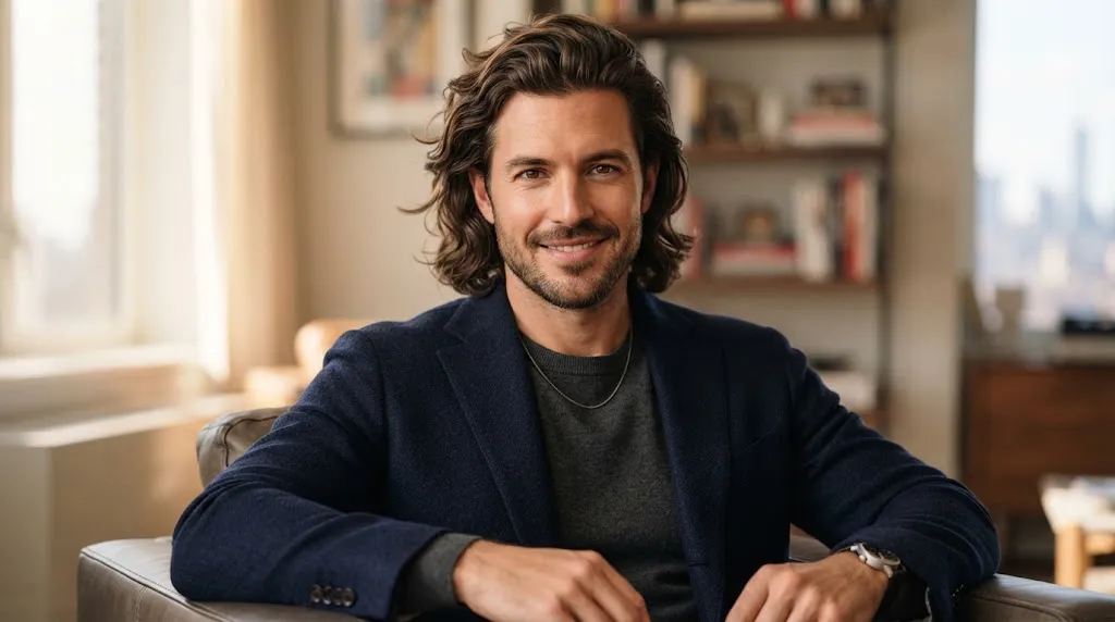A stylish man with a medium-length combed-back wavy flow hairstyle showcasing natural movement and texture.