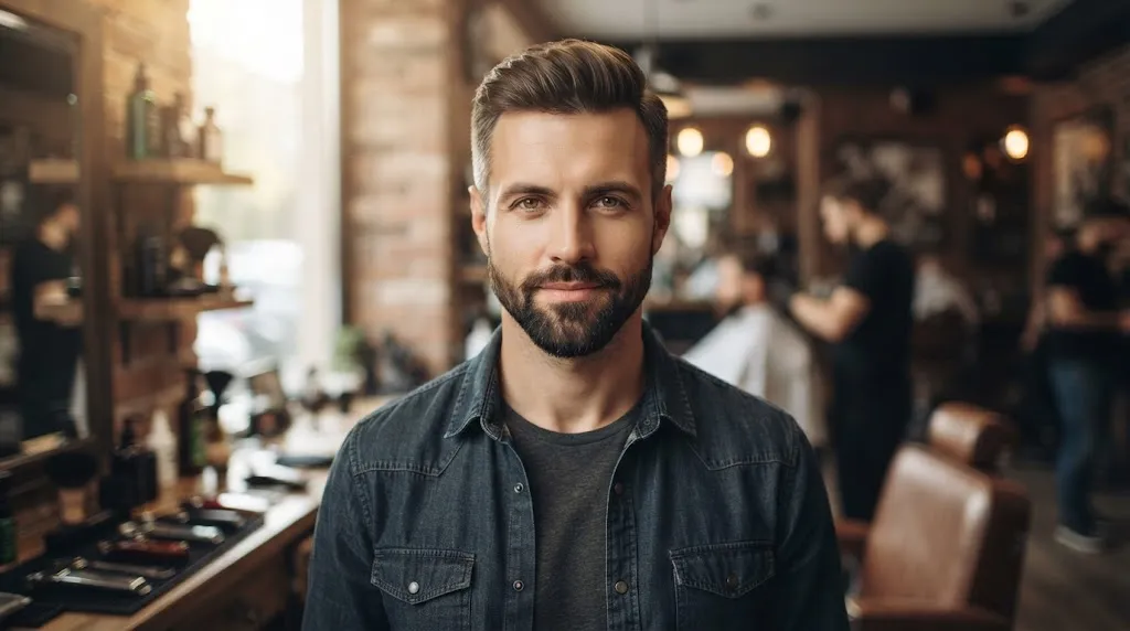 A professional portrait of a man showcasing facial structure and features to help choose the best men's haircut for his face shape