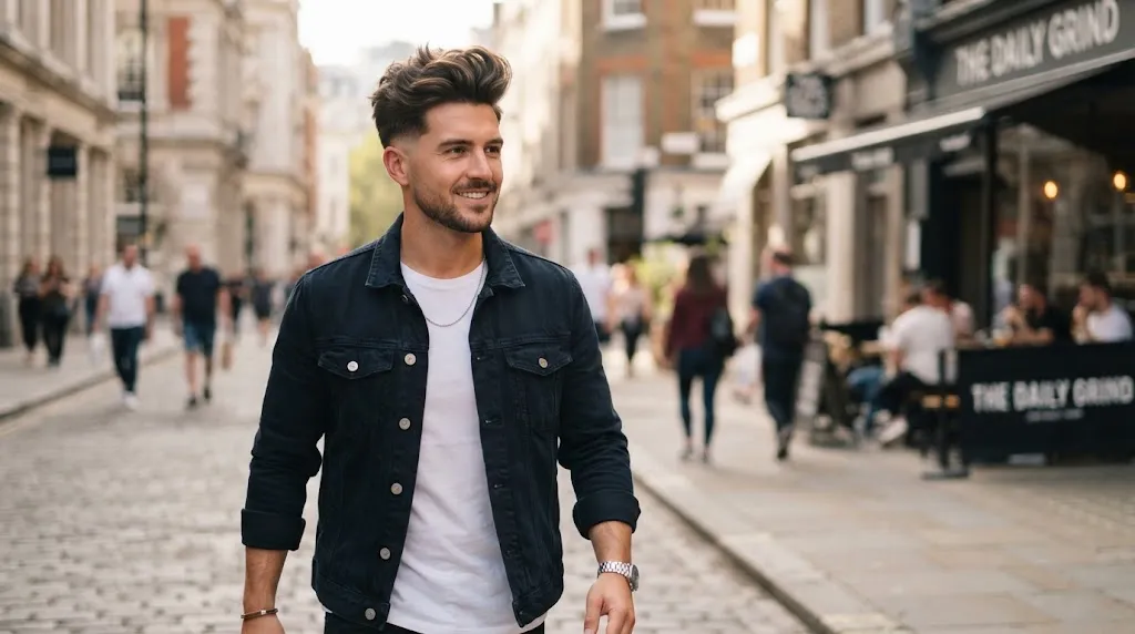 A stylish man showcasing a modern faux hawk flow hairstyle with textured volume on top and tapered sides