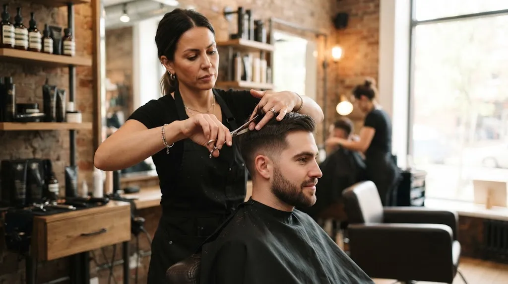 A professional stylist cutting a man's hair to demonstrate the 3:2:1 haircut rule for achieving a natural flow hairstyle