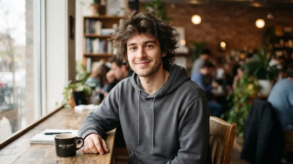 A young man experiencing the awkward medium-length hair growth stage with hair sweeping outward near the ears.