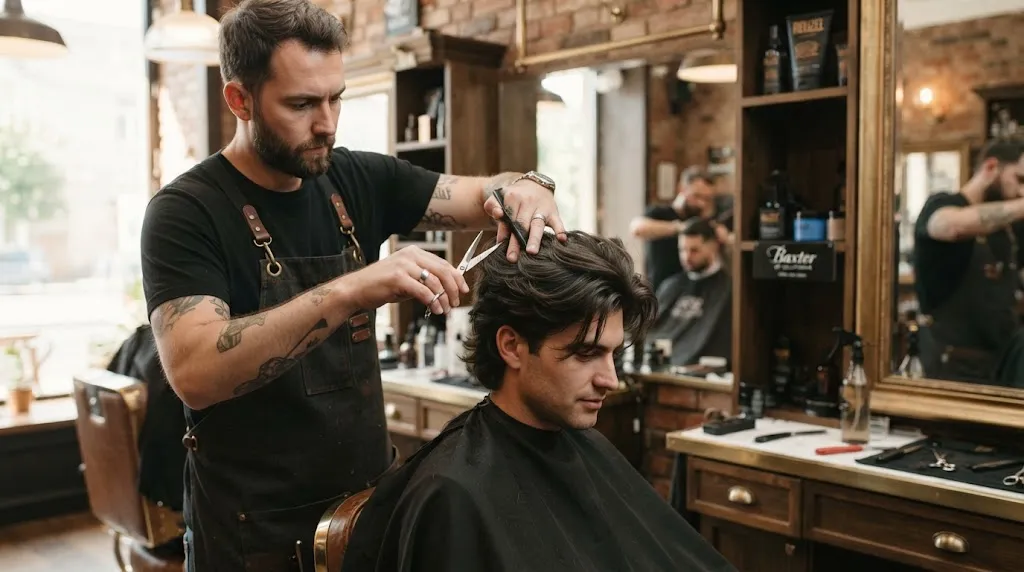 Professional barber using scissors to style a client's hair for a men's flow haircut in a modern barbershop
