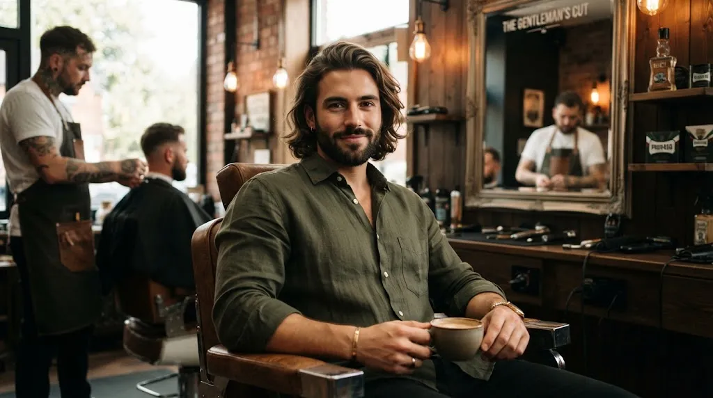 Stylish man with a classic flow hairstyle sitting comfortably in a modern barbershop after getting a haircut