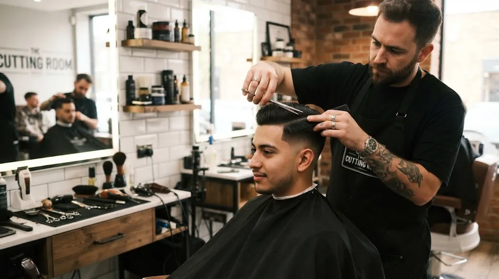 Professional barber using scissors and clippers for a men's flow haircut and taper fade