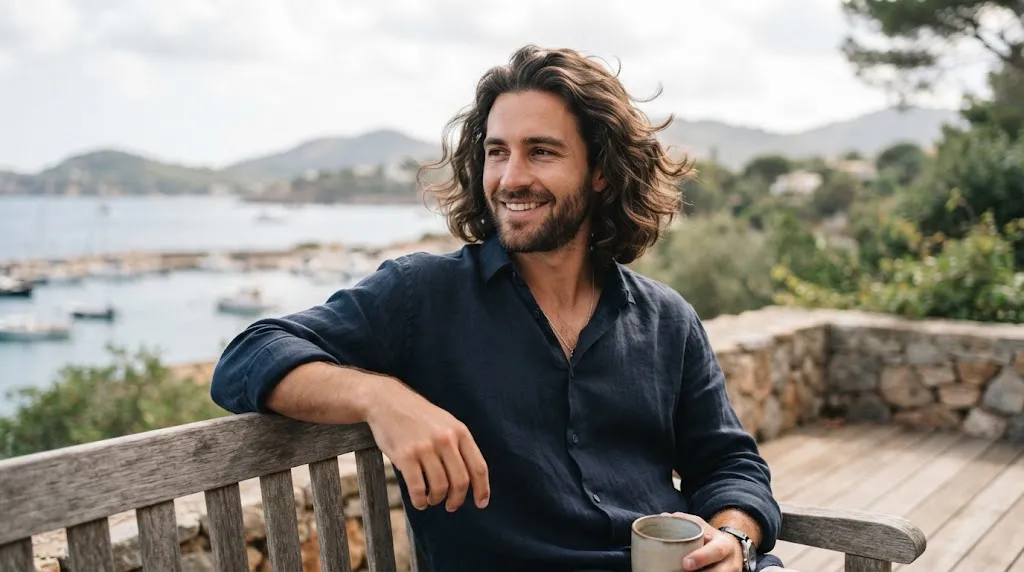 Man with a natural medium-length wavy flow hairstyle showcasing the air-dried textured look outdoors