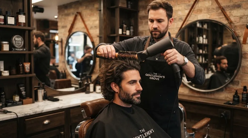 Professional barber styling and blow-drying a man's medium-length wavy flow haircut backward with a round brush