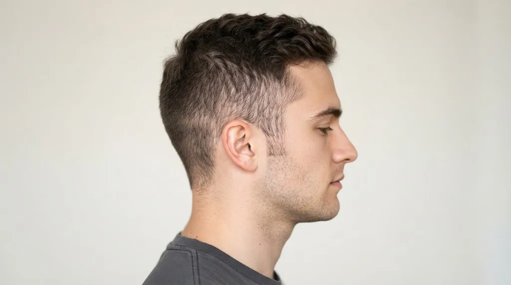 Side profile view of a man showing the early hair growth stage from a short buzz cut towards a men's flow hairstyle