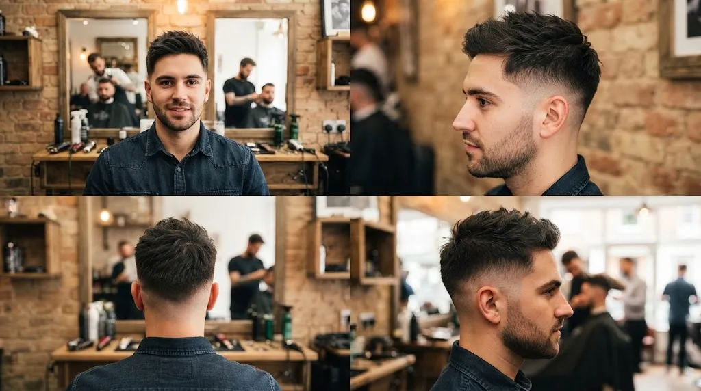 Man showing side and back profile angles for a professional men's flow haircut reference