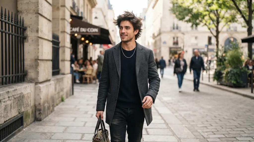 A stylish young man with a textured men's flow hairstyle featuring jagged layers and natural movement