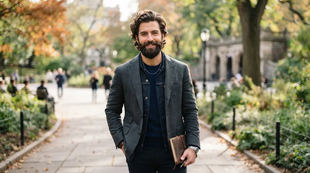 A stylish man with a classic medium flow haircut and a well-groomed thick beard showcasing a balanced, rugged look