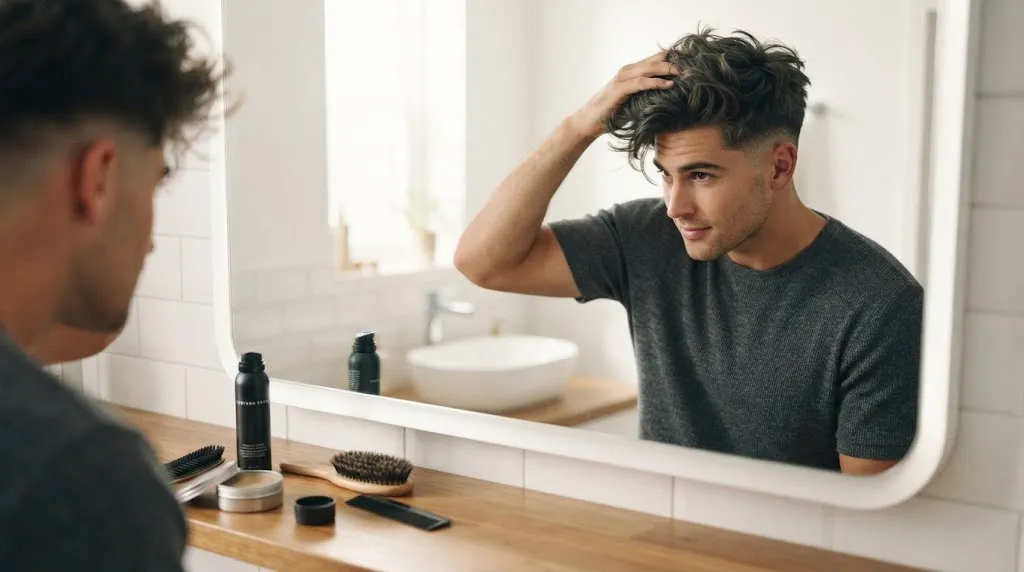 A man styling his hair in the mirror using matte clay and other grooming products on the counter.